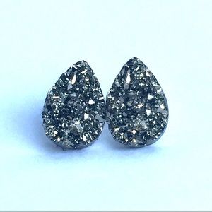 Druzy Large Gunmetal Gray Teardrop Stud Earrings